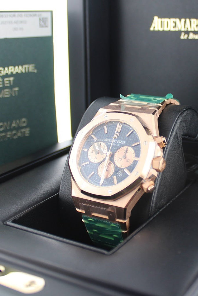 Audemars Piguet Royal Oak Blue Grande Tapisserie Dial Mens 18K Rose Gold Watch 26331Or.oo.1220Or.01
