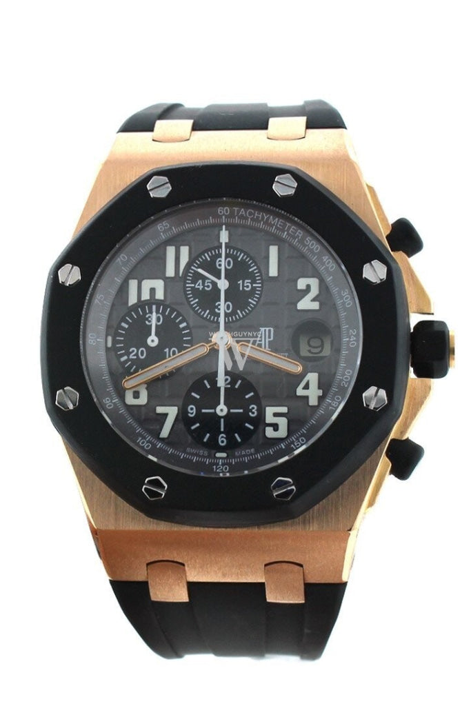 Audemars Piguet Royal Oak Offshore Black Dial 18Kt Rose Gold Rubber Chronograph Mens Watch
