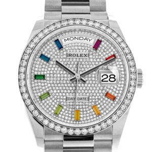 Rolex Day-Date 36 Fluted Bezel Diamond Paved Rainbow Sapphire Dial President Bracelet 128349RBR