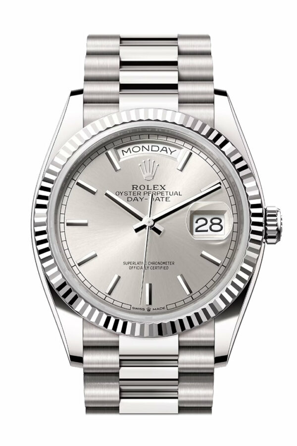 Rolex Day-Date 36 Silver Dial Fluted Bezel White gold President Watch 128239