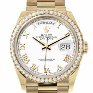 Rolex Day-Date 36 White Roman Dial Gold Diamond Bezel Watch 128348RBR-0042 128348RBR