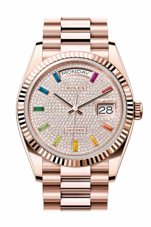 Rolex Day-Date 36 Diamond Paved Dial Fluted Bezel 18K Everose gold President Watch 128235