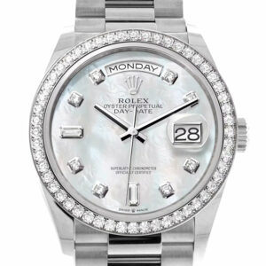 Rolex Day-Date 36 Mother of Pearl Diamond Dial Diamond Bezel White Gold President Watch 128349RBR