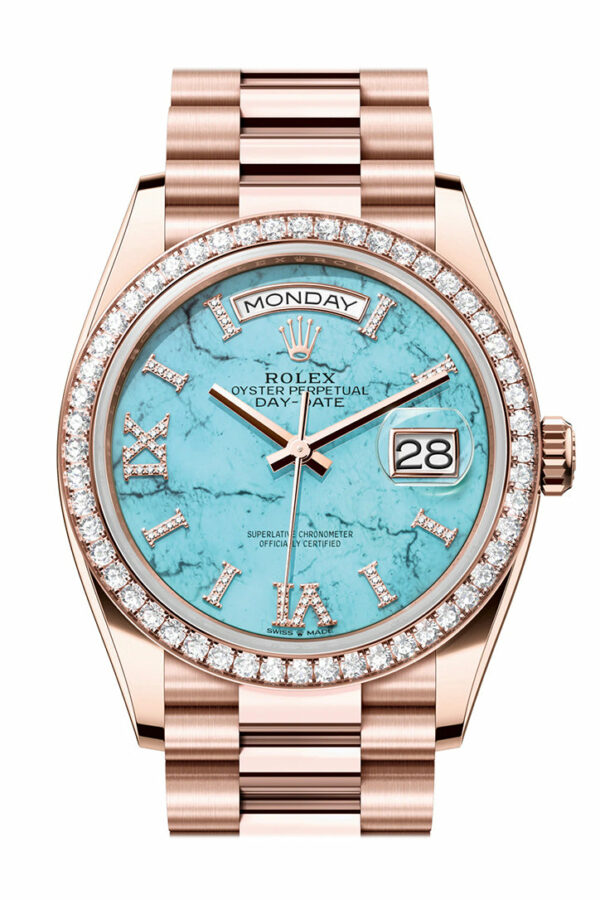 Rolex Day-Date 36 Turquoise Dial Diamond Bezel 18K Everose Gold President Watch 128345RBR