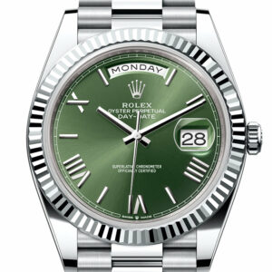 Rolex Day-Date 40 Olive Green Dial Fluted Bezel Platinum President Men's Watch 228236