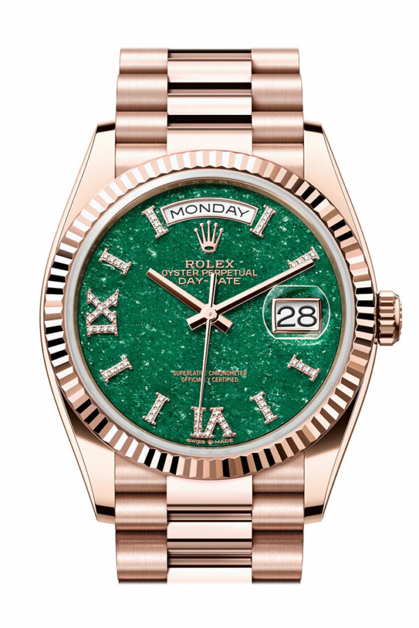 Rolex Day-Date 36 Aventurine Diamond Dial Fluted Bezel 18K Everose gold President Watch 128235