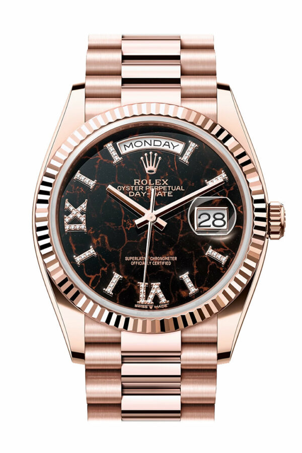 Rolex Day-Date 36 Eisenkiesel Dial Fluted Bezel 18K Everose gold President Watch 128235