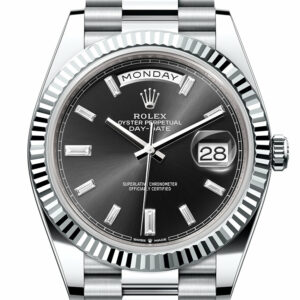 Rolex Day-Date 40 Bright Black 10 baguette-cut Diamonds Dial Fluted Bezel Platinum President Men's Watch 228236