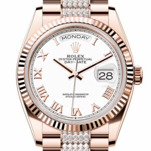 Rolex Day-Date 36 White Dial Fluted Bezel 18K Everose gold Diamond President Watch 128235