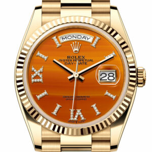 Rolex Day-Date 36 Carnelian Dial Gold Fluted Bezel Yellow Gold Watch 128238