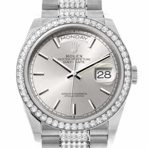 Rolex Day-Date 36 Silver Dial Diamond Bezel White Gold Diamond President Watch 128349RBR