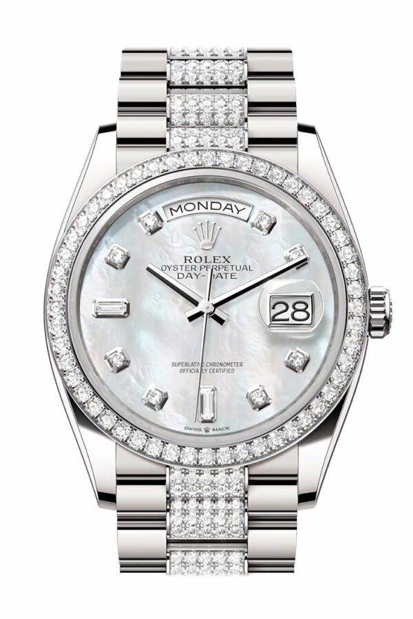 Rolex Day-Date 36 Mother of Pearl Diamond Dial Diamond Bezel White Gold Diamond President Watch 128349RBR