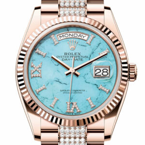 Rolex Day-Date 36 Turquoise Diamond Dial Fluted Bezel 18K Everose gold Diamond President Watch 128235