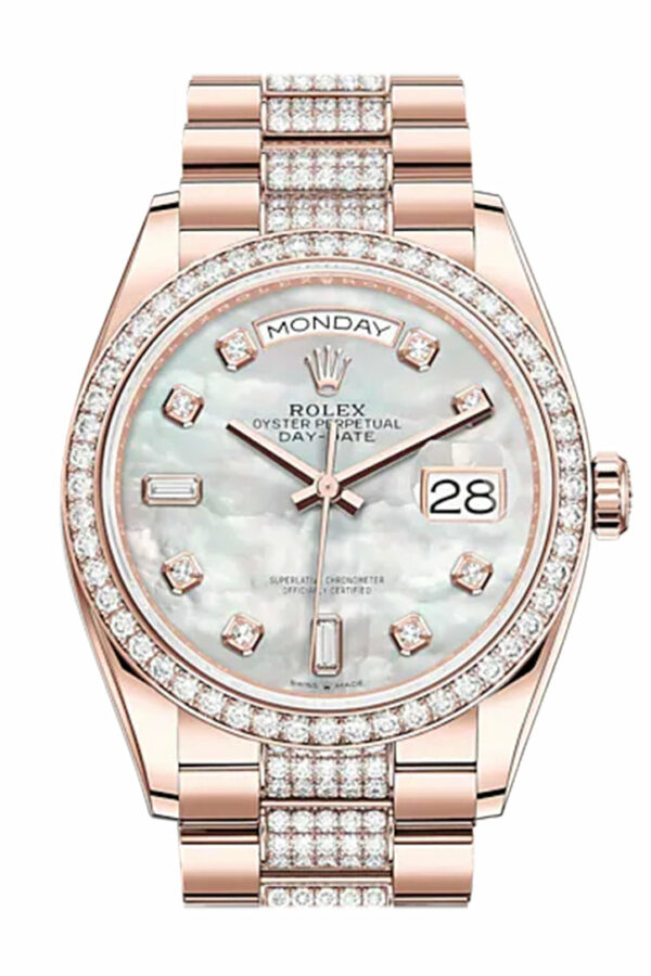 Rolex Day-Date 36 Mother of Pearl Diamond Dial Diamond Bezel 18K Everose Gold Diamond President Watch 128345RBR