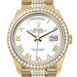 Rolex Day-Date 36 White Roman Dial Gold Diamond Bezel Watch 128348RBR-0043 128348RBR