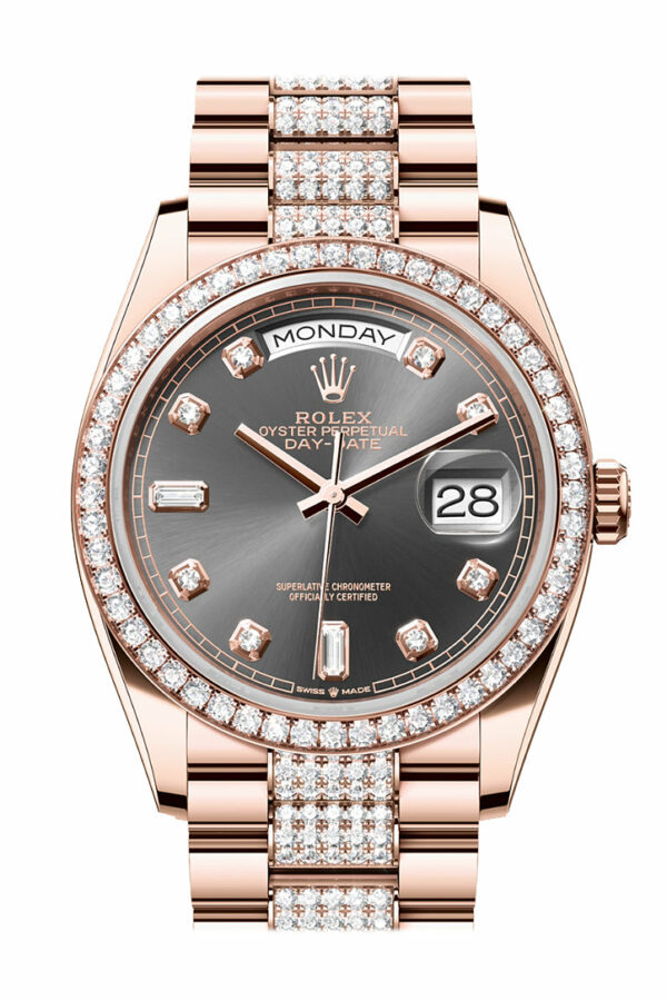 Rolex Day-Date 36 Slate Dial Diamond Bezel 18K Everose Gold Diamond President Watch 128345RBR