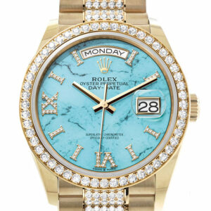 Rolex Day-Date 36 Dark Turquoise Diamond Dial Gold Diamond Bezel Watch 128348RBR-0038 128348RBR