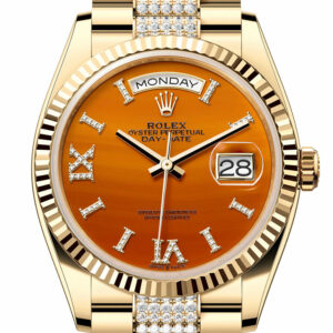 Rolex Day-Date 36 Carnelian Dial Gold Fluted Bezel Diamond Bracelet Yellow Gold Watch 128238