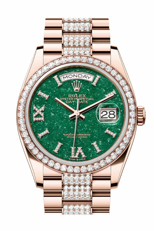 Rolex Day-Date 36 Green Aventurine Dial Diamond Bezel 18K Everose Gold Diamond President Watch 128345RBR