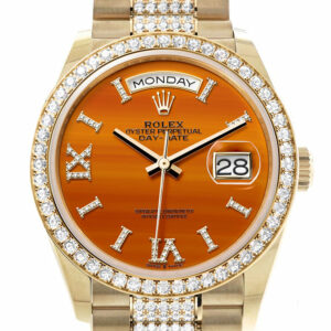 Rolex Day-Date 36 Carnelian Dial Gold Diamond Bezel Watch 128348RBR-0050 128348RBR