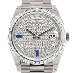 Rolex Day-Date 40 Paved Diamond Sapphires Dial Baguette Bezel Platinum President Automatic Mens