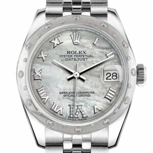 Rolex Datejust 31 White Mother Of Pearl Roman Large Vi Diamond Dial Gold Dome Set With Diamonds