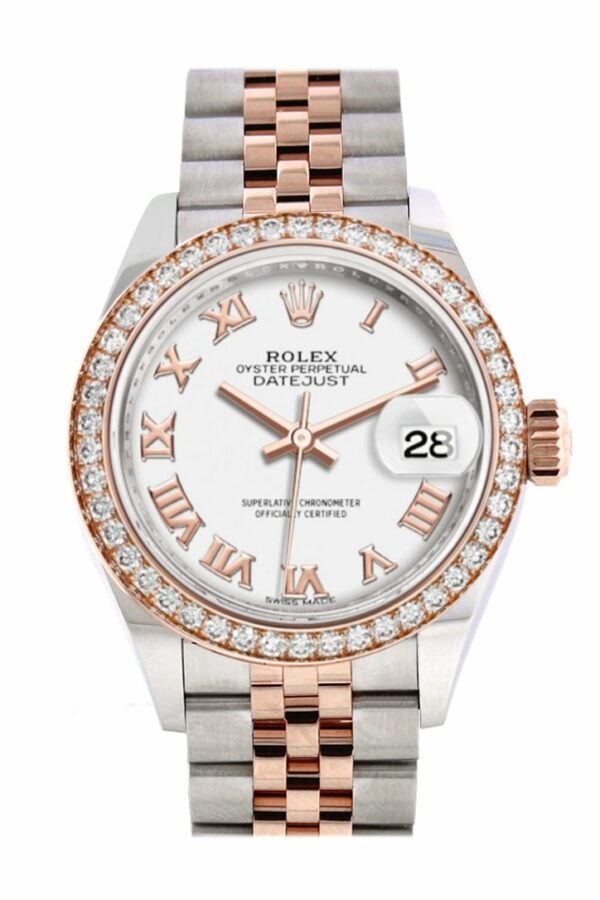 Rolex Datejust 28 White Roman Dial Diamond Bezel Rose Gold Two Tone Watch 279381Rbr 279381