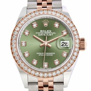 Rolex Datejust 28 Olive Green Diamonds Dial Diamond Bezel Rose Gold Two Tone Watch 279381Rbr 279381