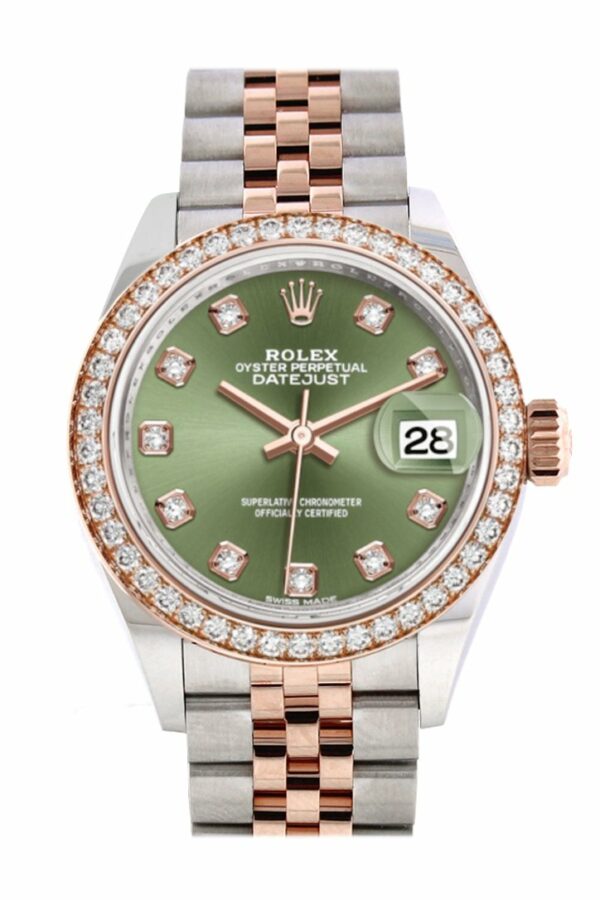 Rolex Datejust 28 Olive Green Diamonds Dial Diamond Bezel Rose Gold Two Tone Watch 279381Rbr 279381