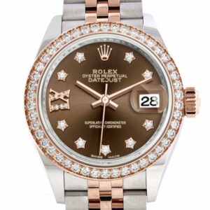 Rolex Datejust 28 Chocolate Large Vi Diamonds Dial Diamond Bezel Rose Gold Two Tone Watch 279381Rbr