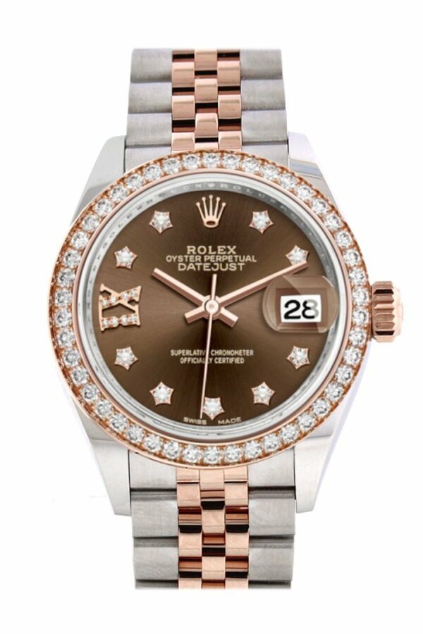 Rolex Datejust 28 Chocolate Large Vi Diamonds Dial Diamond Bezel Rose Gold Two Tone Watch 279381Rbr