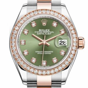 Rolex Datejust 28 Olive Green Diamonds Dial Diamond Bezel Rose Gold Two Tone Watch 279381Rbr 279381