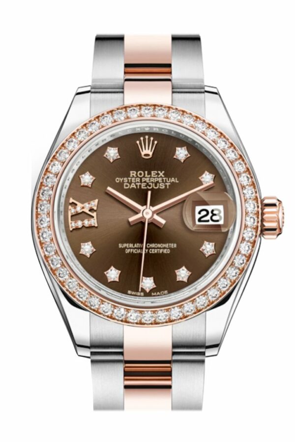 Rolex Datejust 28 Chocolate Large Vi Diamonds Dial Diamond Bezel Rose Gold Two Tone Watch 279381Rbr