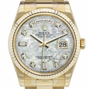 Rolex Day-Date 36 White Mother-Of-Pearl Diamonds Dial Fluted Bezel President Yellow Gold Watch