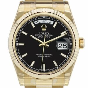 Rolex Day-Date 36 Black Dial Fluted Bezel President Yellow Gold Watch 118238