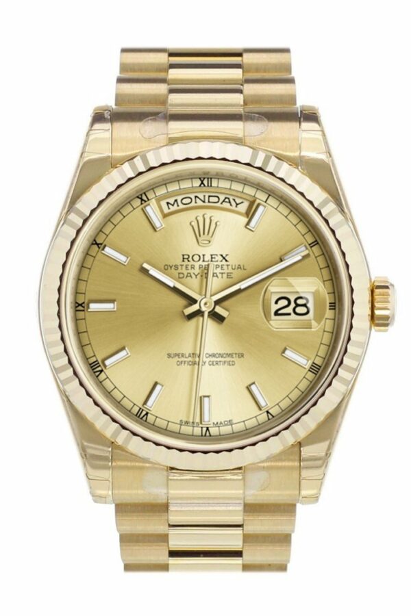 Rolex Day-Date 36 Champagne-Colour Dial Fluted Bezel President Yellow Gold Watch 118238