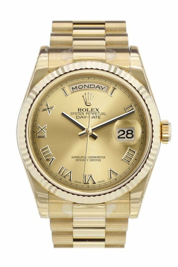 Rolex Day-Date 36 Champagne-Colour Roman Dial Fluted Bezel President Yellow Gold Watch 118238