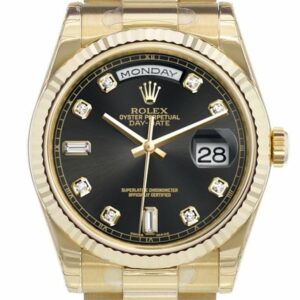 Rolex Day-Date 36 Black Set With Diamonds Dial Fluted Bezel President Yellow Gold Watch 118238