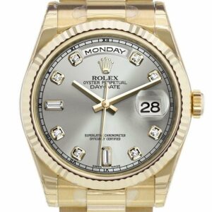 Rolex Day-Date 36 Silver Set With Diamonds Dial Fluted Bezel President Yellow Gold Watch 118238