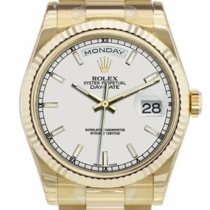 Rolex Day-Date 36 White Dial Fluted Bezel President Yellow Gold Watch 118238