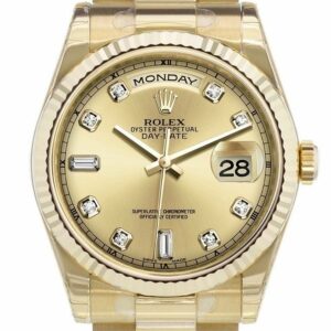 Rolex Day-Date 36 Champagne-Colour Set With Diamonds Dial Fluted Bezel President Yellow Gold Watch