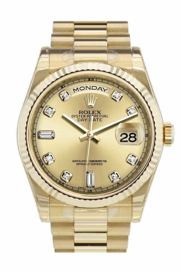 Rolex Day-Date 36 Champagne-Colour Set With Diamonds Dial Fluted Bezel President Yellow Gold Watch