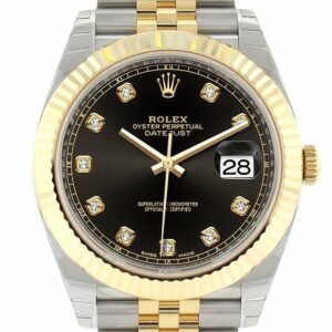 Rolex Datejust 41 Black Diamond Dial Fluted Bezel 18K Yellow Gold Jubilee Mens Watch 126333