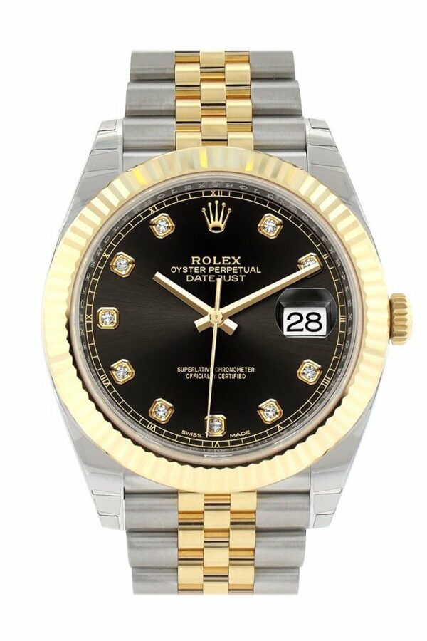 Rolex Datejust 41 Black Diamond Dial Fluted Bezel 18K Yellow Gold Jubilee Mens Watch 126333