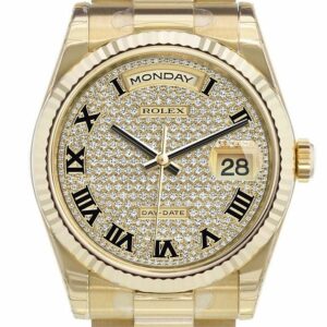 Rolex Day-Date 36 Diamond-Paved Dial Fluted Bezel President Yellow Gold Watch 118238