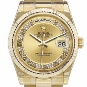 Rolex Day-Date 36 Champagne-Colour Set With Diamonds Dial Fluted Bezel President Yellow Gold Watch