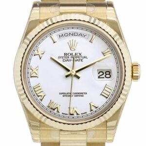 Rolex Day-Date 36 White Dial Fluted Bezel President Yellow Gold Watch 118238