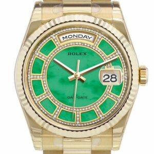 Rolex Day-Date 36 Carousel Of Green Jade Dial Fluted Bezel President Yellow Gold Watch 118238