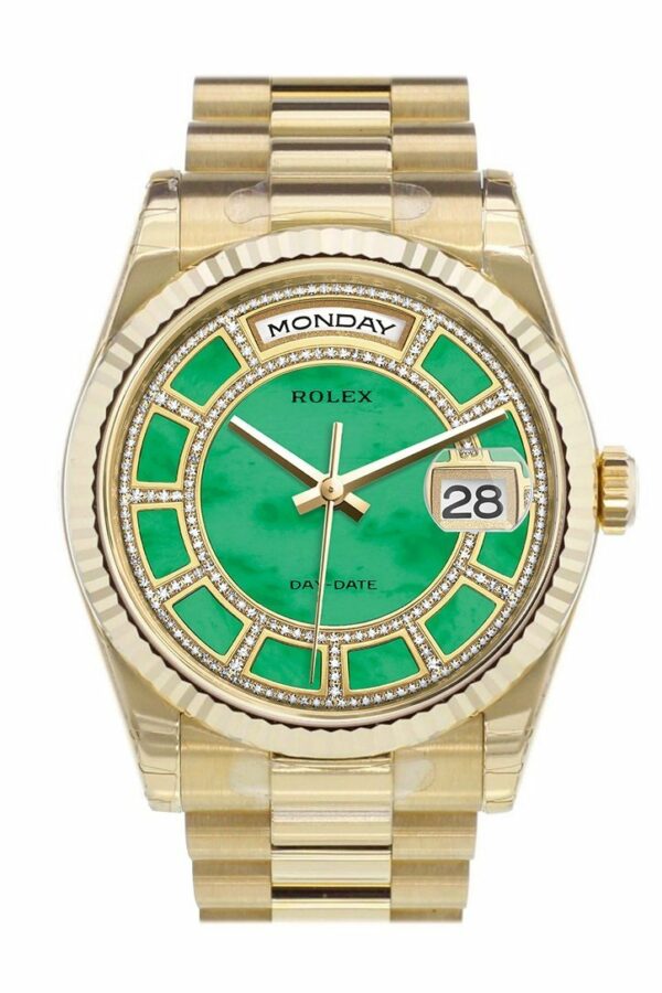 Rolex Day-Date 36 Carousel Of Green Jade Dial Fluted Bezel President Yellow Gold Watch 118238