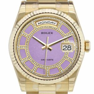 Rolex Day-Date 36 Carousel Of Lavender Jade Dial Fluted Bezel President Yellow Gold Watch 118238